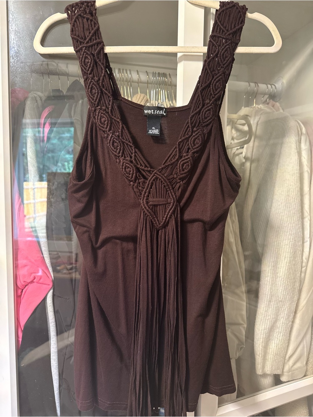 Wet Seal Chocolate Brown Macramé Fringe Tank Top